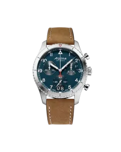 Alpina Startimer Pilot Quartz Chronograph Big Date herreklokke med bl&aring; skive og brun skinnrem.