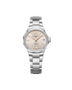 Baume & Mercier Rivera dameklokke med quartzverk på 33 mm. Kasse og lenke i stål, og en champagnefarget skive. 50 meter vanntett.