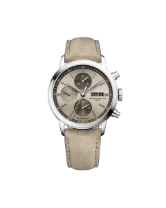 Baume & Mercier Classima Chronograph til herre på 42 mm. Beige skive, beige rem og automatisk verk med 48 timer gangreserve. 50 meter vanntett.