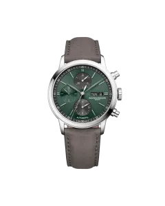Baume & Mercier Classima med kronografer og månefase til herre på 42 mm. Blå tallskive og sort alligatorrem. 50 meter vanntett.