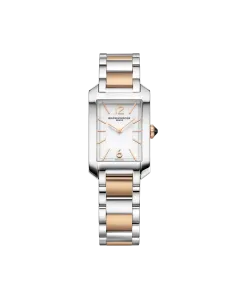 Baume & Mercier Hampton rektangulær dameklokke med quartzverk, hvit skive og kasse og lenke i PVD-belagt stål.