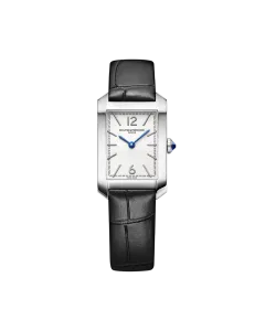 Baume & Mercier Hampton rektangulær dameklokke med quartzverk, hvit skive og sort skinnrem.