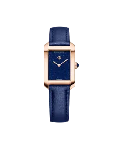 Baume & Mercier Hampton 10674 er en rektangulær dameklokke - en gullklokke med blå rem. 50 meter vanntett.