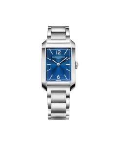 Baume & Mercier Hampton rektangulær klokke til herre med blå tallskive, quartzverk og kasse og lenke i stål.