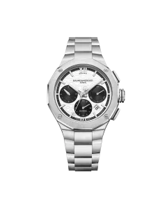 Baume & Mercier Riviera Chronograph med automatisk verk til herre på 41 mm. Hvit skive med sort chronograph og stållenke.