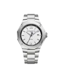 Baume & Mercier Riviera til herre på 42 mm med automatisk verk, grå skive og stållenke. 100 meter vanntett.