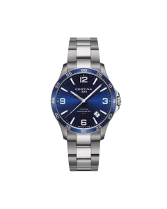 Certina DS-8 C0338514404700 herreklokke i titan på 42 mm med blå skive og quartzverk. 100 meter vanntett.