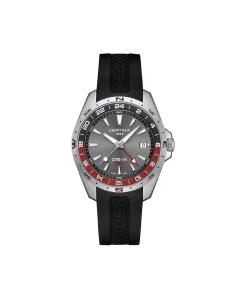 Certina DS-X GMT C047.452.17.081.01 herreklokke med grå skive, sort gummirem, kasse i stål og GMT-funksjon.