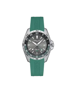 Certina DS-X GMT C047.452.17.081.00 herreklokke med grå skive, grønn gummirem, kasse i stål og GMT-funksjon.