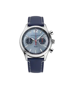 Frederique Contant Healey herreklokke med blå skive og chronograph. Automatisk verk og skinnrem.