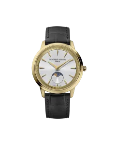 Frederique Constant Classics Moneta har en gullfarget kasse, s&oslash;lvfarget skive, sort skinnrem og quartzverk.