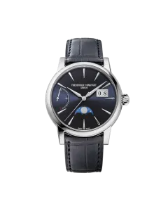Frederique Constant Classic Power Reserve Big Date Manufacture pent herreur med månefase, gangreserveindikator og dato på skiven.