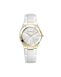 Herbelin Cap Camarat 14545P1N11CW er en sporty dameklokke med gullfarget kasse, hvit gummirem og quartzverk.