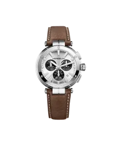Herbelin Newport Chrono 37658AP42MA herreklokke i stål med sølvfarget skive, brun skinnrem og quartzverk.
