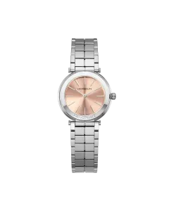 Herbelin Newport Slim dameklokke i stål med tynn kasse, rosa skive, quartzverk og lenke.