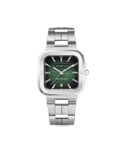 Herbelin Cap Camarat Square herreklokke med grønn skive, stållenke og automatisk verk.
