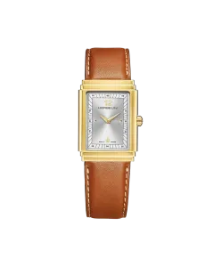 Herbelin Art Deco 1925's herreklokke med gullfarget kasse, sølvfarget skive, brun skinnrem og quartzverk. 