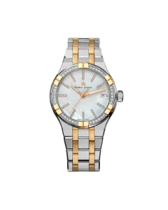Maurice Lacroix Aikon Date 35 mm til dame med quartzverk, hvit perlemorskive, 92 diamanter og tofarget kasse og stållenke.