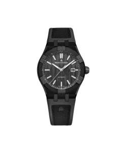 Maurice Lacroix Aikonic til herre på 43 mm med automatisk verk, DLC-belagt titankasse med keramisk bezel, sort tallskive og gummirem. 