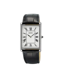 Seiko Mens SWR103P1 27 mm i stål med skinnrem og hvit skive med romertall.