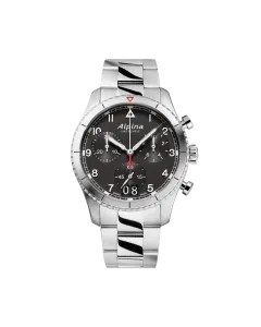 Alpina Startimer Pilot Quartz Chronograph Big Date herreklokke med sort skive, kasse og lenke i st&aring;l.