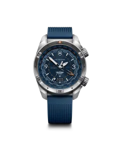Victorinox Air Pro GMT Automatic herreklokke på 43 mm med blå skive og blå gummirem. 200 meter vanntett.