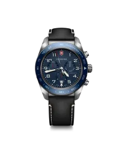 Victorinox Swiss Army Chronograph herreklokke med blå skive, sort skinnrem og quartzverk.