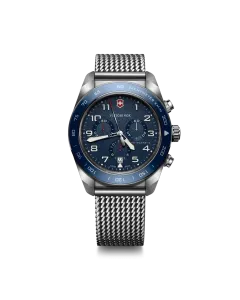 Victorinox Swiss Army Chronograph herreklokke med blå skive, stållenke og quartzverk.
