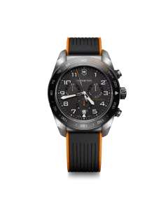 Victorinox Swiss Army Chronograph herreklokke med quartzverk, sort skive og sort/oransje gummirem.
