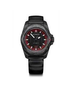 Victorinox I.N.O.X. herreklokke med automatisk verk, sort og rød tallskive og sort gummirem.