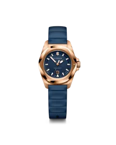 Victorinox I.N.O.X. Small dameklokke med quartzverk, blå skive, kasse i rosegullfarge og gummirem.v