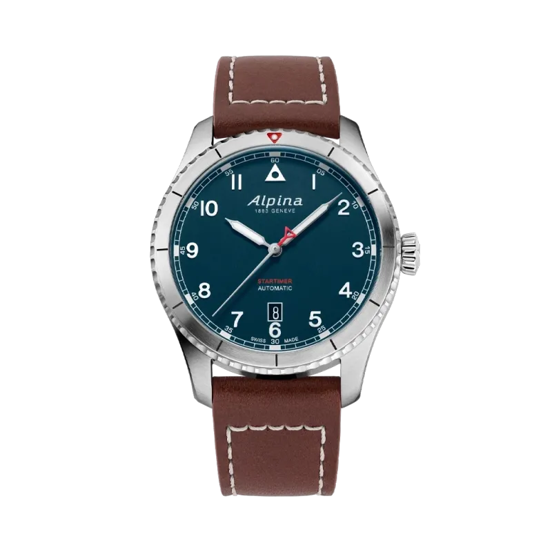 Alpina Startimer Pilot Automatic herreklokke på 41 mm med blå skive, kasse i stål og brun skinnrem.
