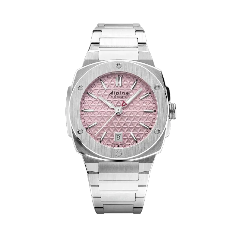 Alpina Alpiner Extreme Quartz dameklokke på 35,2 mm med kasse og lenke i stål og rosa skive.