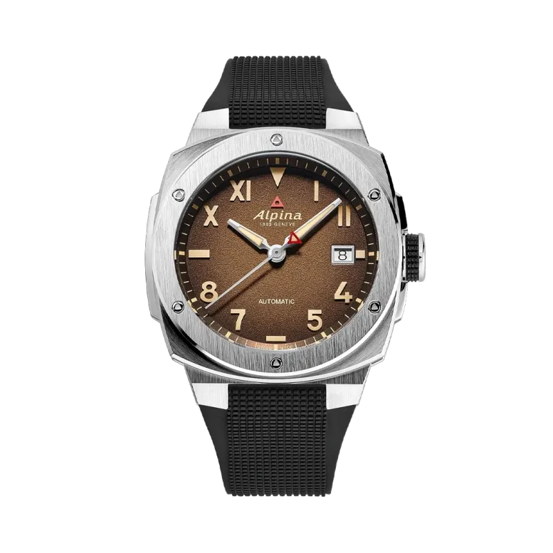 Alpina Alpiner Extreme Automatic California herreklokke med brun skive og sort gummirem med foldelås. Kasse i stål.