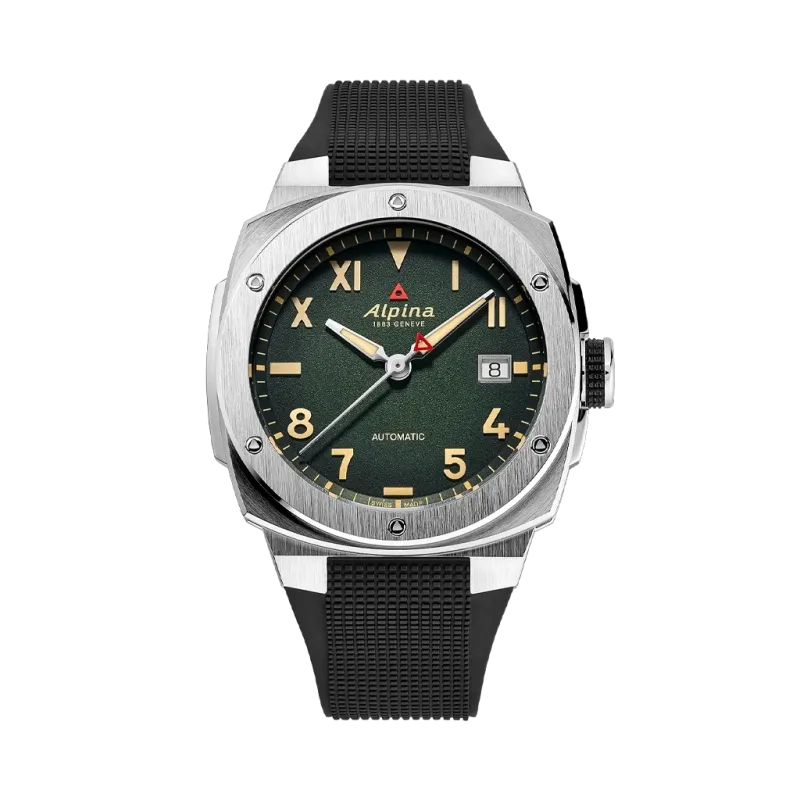 Alpina Alpiner Extreme Automatic California herreklokke med grønn skive, kasse i stål og sort gummirem med foldelås.