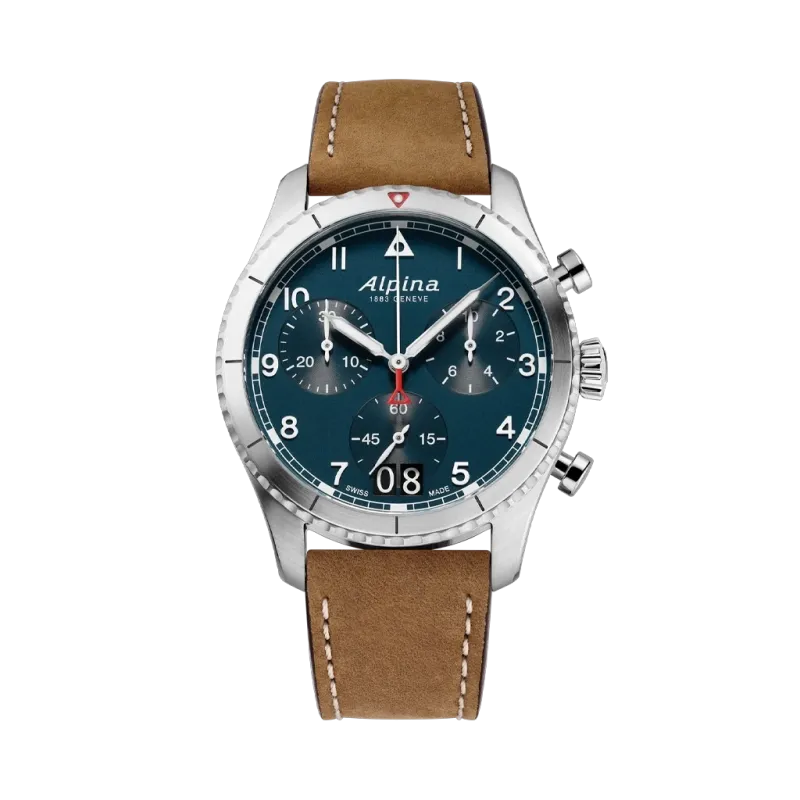 Alpina Startimer Pilot Quartz Chronograph Big Date herreklokke med blå skive og brun skinnrem.