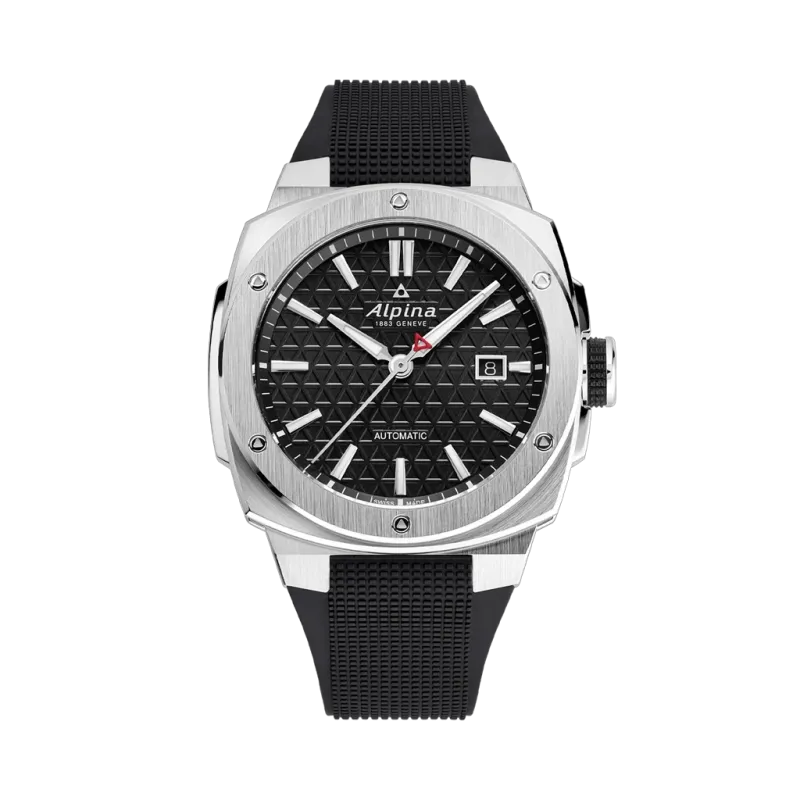 Alpina Alpiner Extreme Automatic herreklokke med automatisk verk, sort skive og sort gummirem. Kasse i stål. 