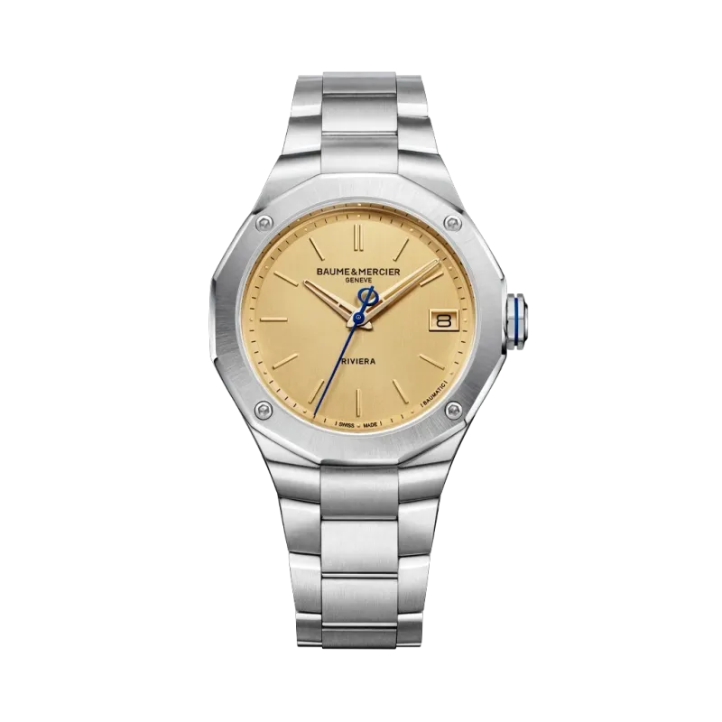 Baume & Mercier RIviera med Baumatic-verk til herre på 39 mm. Gul skive, kasse og lenke i stål. 100 meter vanntett. Baume & Mercier RIviera med Baumatic-verk til herre på 39 mm. Gul skive, kasse og lenke i stål. 100 meter vanntett.