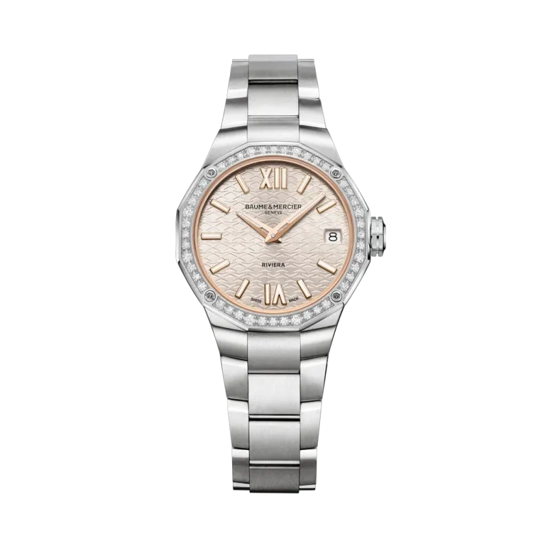 Baume & Mercier Riviera til dame med quartzverk, 44 diamanter, kasse og lenke i stål. 50 meter vanntett. Baume & Mercier Riviera til dame med quartzverk, 44 diamanter, kasse og lenke i stål. 50 meter vanntett.