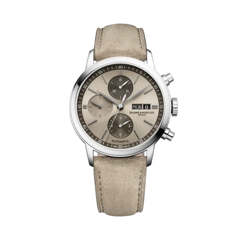 Baume & Mercier Classima Chronograph til herre på 42 mm. Beige skive, beige rem og automatisk verk med 48 timer gangreserve. 50 meter vanntett. Baume & Mercier Classima Chronograph til herre på 42 mm. Beige skive, beige rem og automatisk verk med 48 timer gangreserve. 50 meter vanntett.