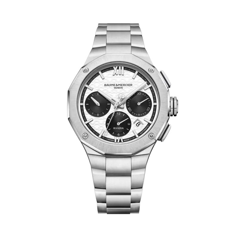 Baume & Mercier Riviera Chronograph med automatisk verk til herre på 41 mm. Hvit skive med sort chronograph og stållenke. Baume & Mercier Riviera Chronograph med automatisk verk til herre på 41 mm. Hvit skive med sort chronograph og stållenke.