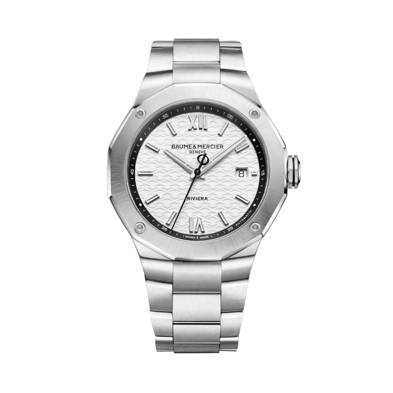 Baume & Mercier Riviera til herre på 42 mm med automatisk verk, grå skive og stållenke. 100 meter vanntett. Baume & Mercier Riviera til herre på 42 mm med automatisk verk, grå skive og stållenke. 100 meter vanntett.