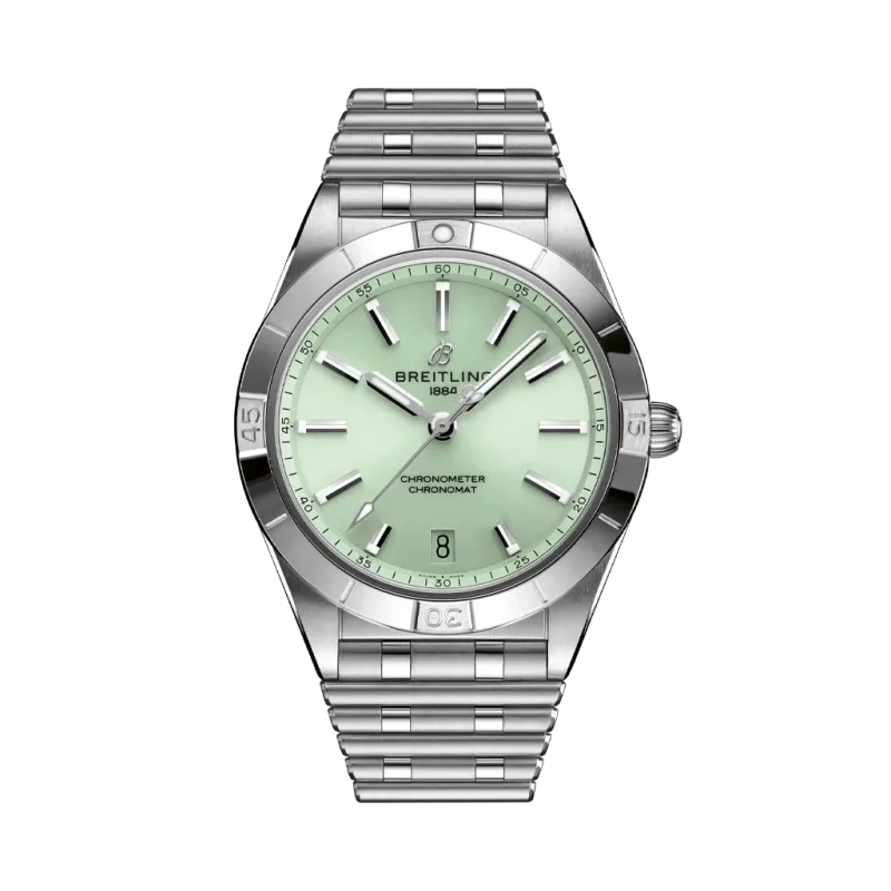 Breitling Chronomat A10380101L1A1 er en automatisk dameklokke på 36 mm med grønn skive og kasse og lenke i stål. Breitling Chronomat A10380101L1A1 er en automatisk dameklokke på 36 mm med grønn skive og kasse og lenke i stål.