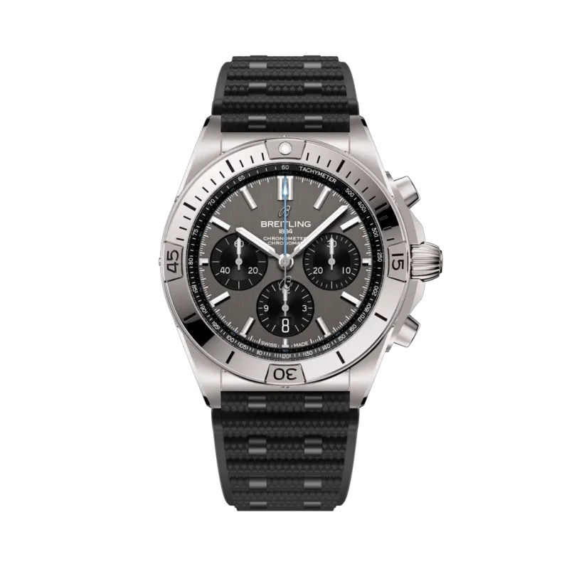 Breitling Chronomat B01 42 EB0134101M1S1 herreklokke i titan med grå chronographskive og sort gummirem. Breitling Chronomat B01 42 EB0134101M1S1 herreklokke i titan med grå chronographskive og sort gummirem.