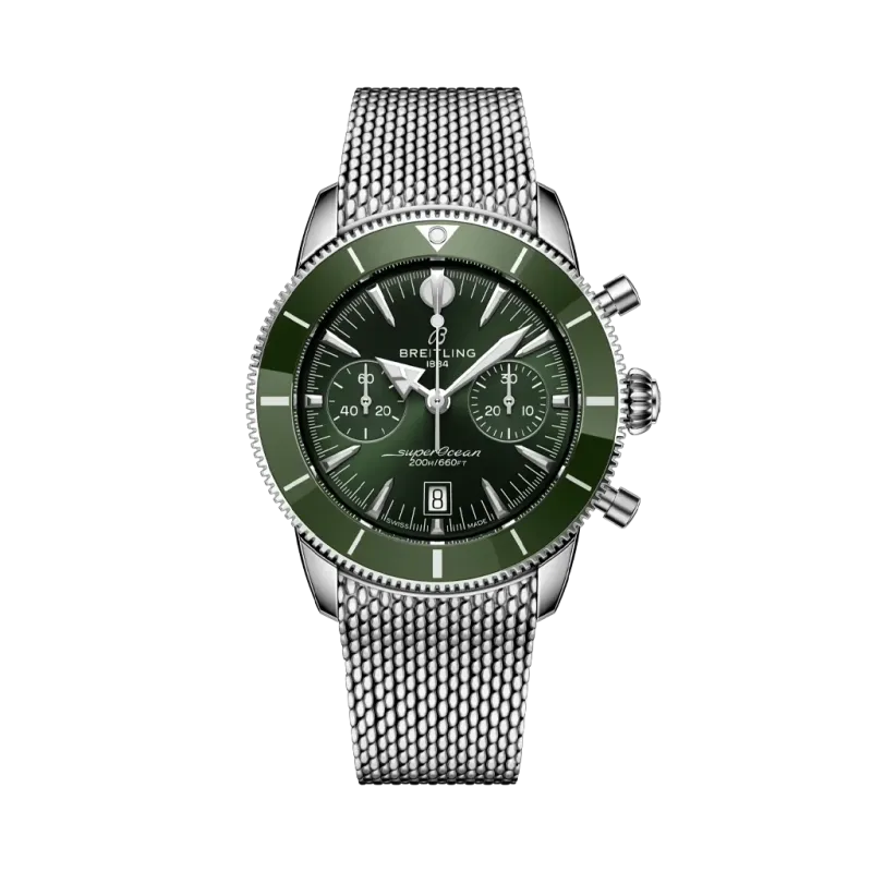 Breitling Superocean Heritage B01 Chronograph 42 mm med grønn skive, grønn bezel, kronograf og meshlenke i stål