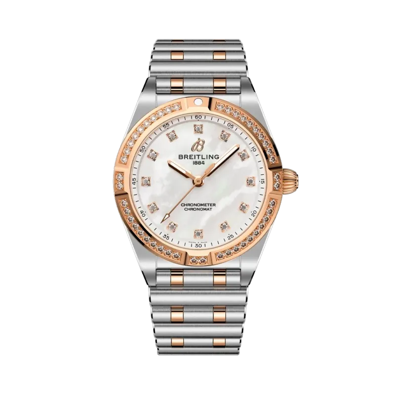 Breitling Chronomat 28 dameklokke i stål og 18K rosegull. Diamantbesatt bezel og hvit perlemorskrive med diamanter. Breitling Chronomat 28 dameklokke i stål og 18K rosegull. Diamantbesatt bezel og hvit perlemorskrive med diamanter.