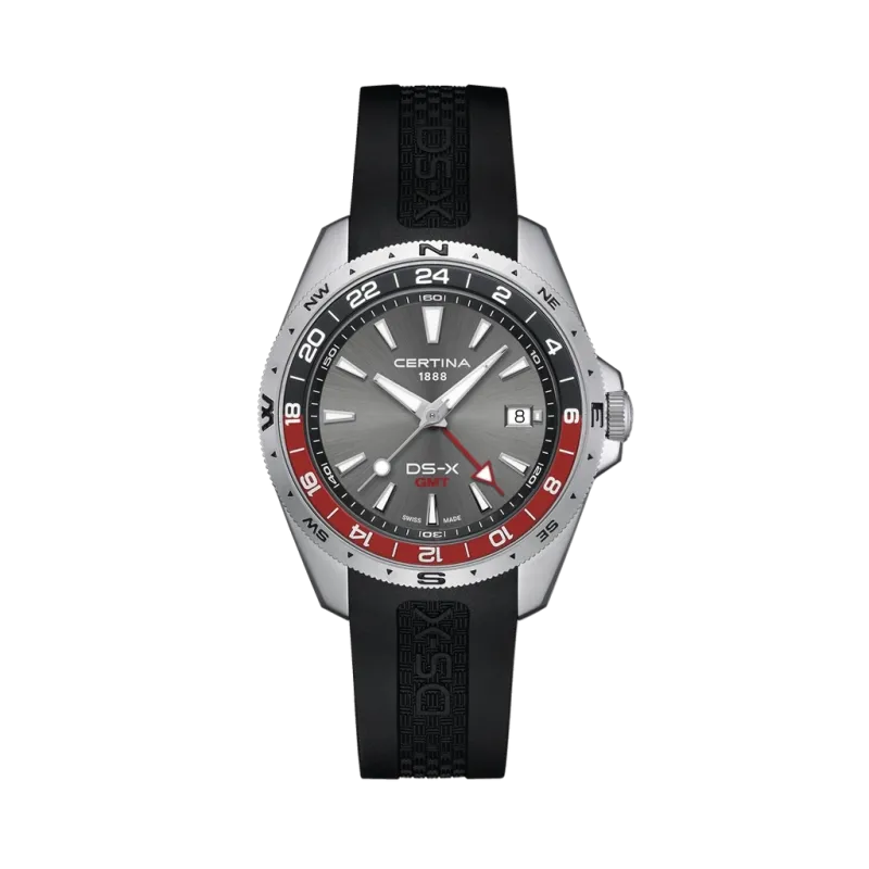 Certina DS-X GMT C047.452.17.081.01 herreklokke med grå skive, sort gummirem, kasse i stål og GMT-funksjon.
