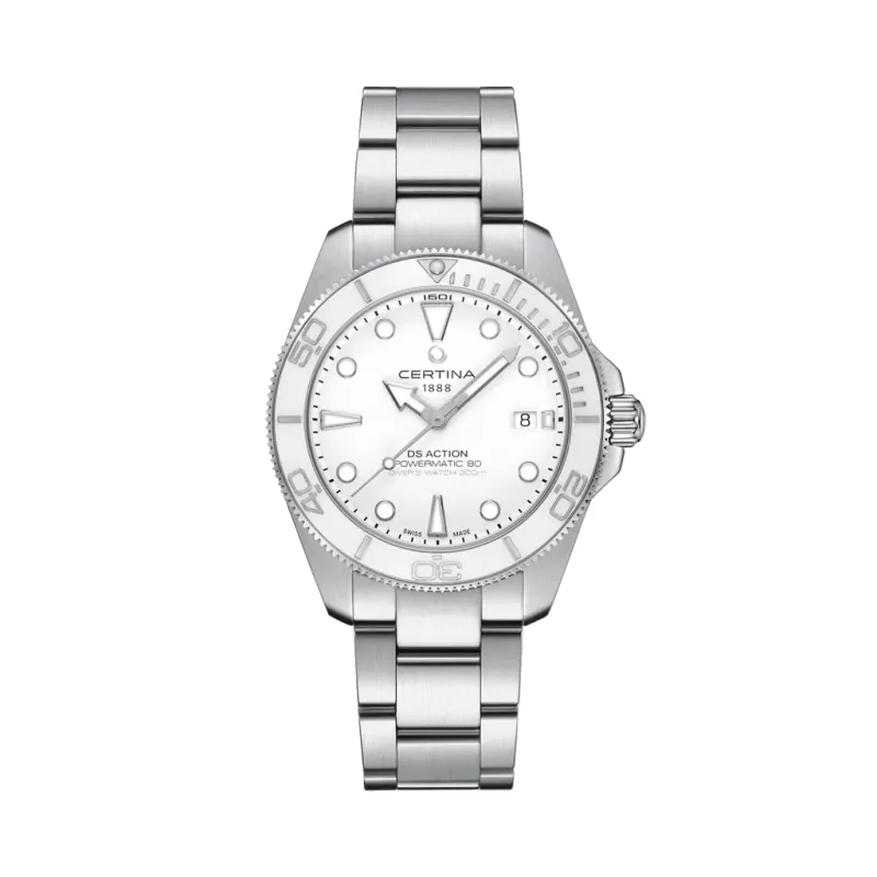 Certina DS Action Diver Powermatic 80 C048.407.11.011.00 herreklokke på 40,5 i stål med automatisk verk, keramisk bezel og hvit skive. Certina DS Action Diver Powermatic 80 C048.407.11.011.00 herreklokke på 40,5 i stål med automatisk verk, keramisk bezel og hvit skive.