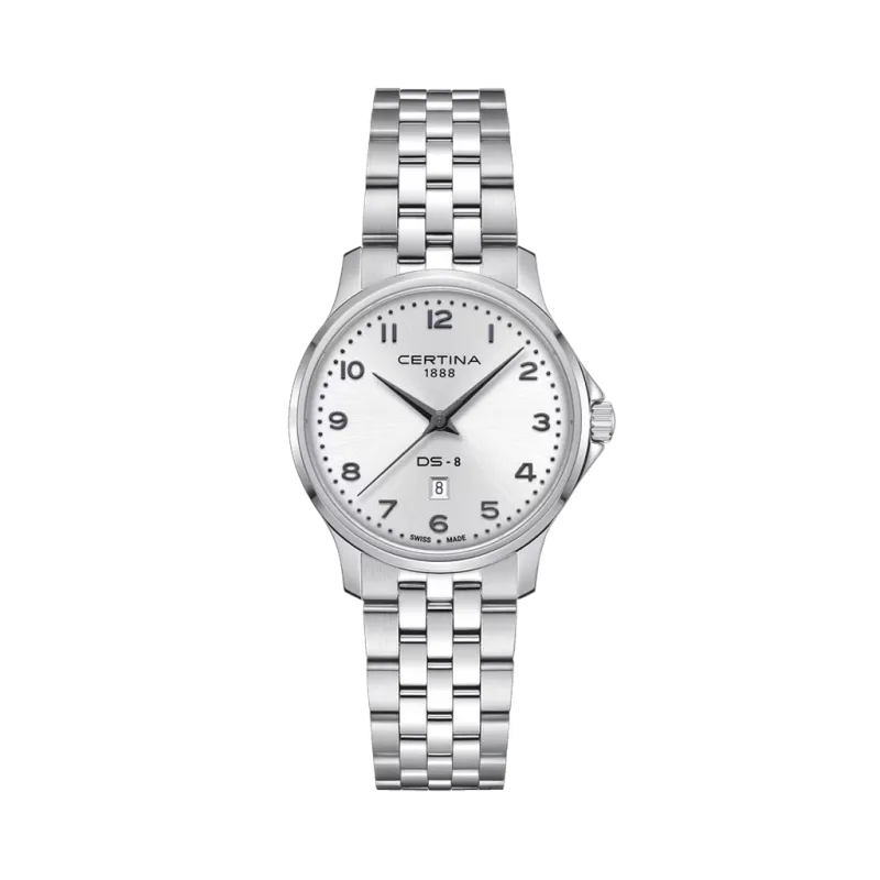 Certina DS-8 Lady C045.010.11.032.00 dameklokke på 31 mm med sølvfarget skive, skinnrem og quartzverk. 100 meter vanntett. Certina DS-8 Lady C045.010.11.032.00 dameklokke på 31 mm med sølvfarget skive, skinnrem og quartzverk. 100 meter vanntett.