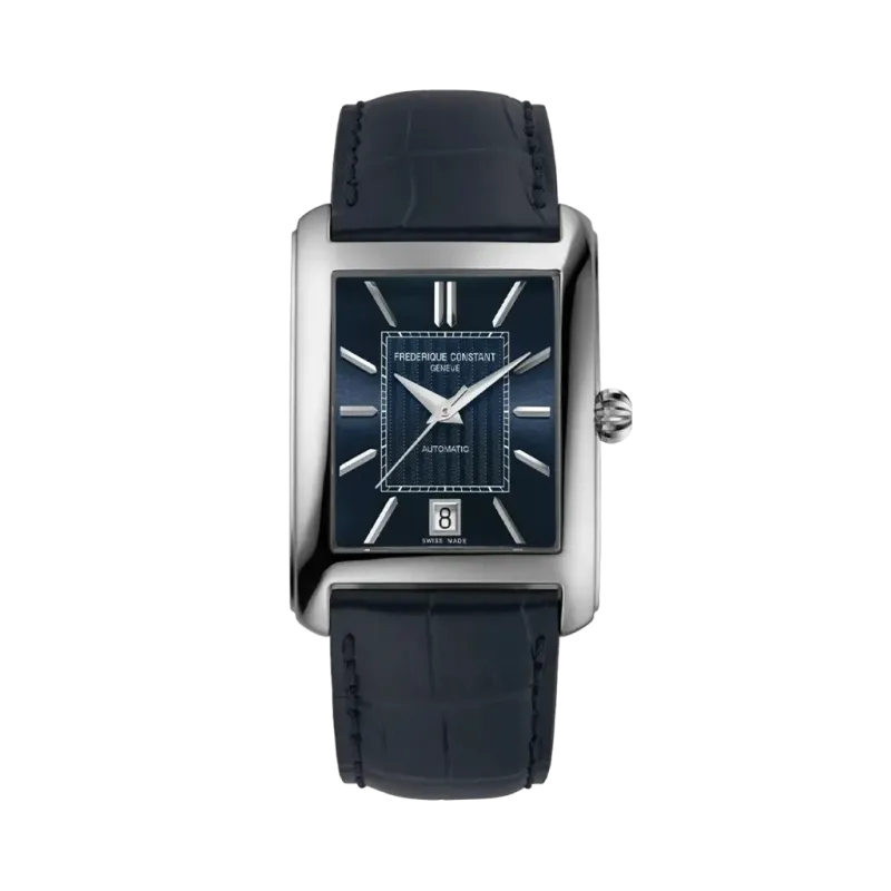 Frederique Constant automatisk rektangulær herreklokke i stål med skinnrem Frederique Constant automatisk rektangulær herreklokke i stål med skinnrem